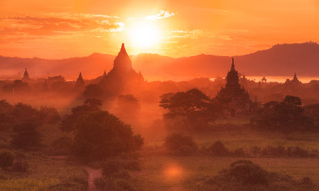Sunset over temples and rice fields, Bagan, Burma (dreamstime)