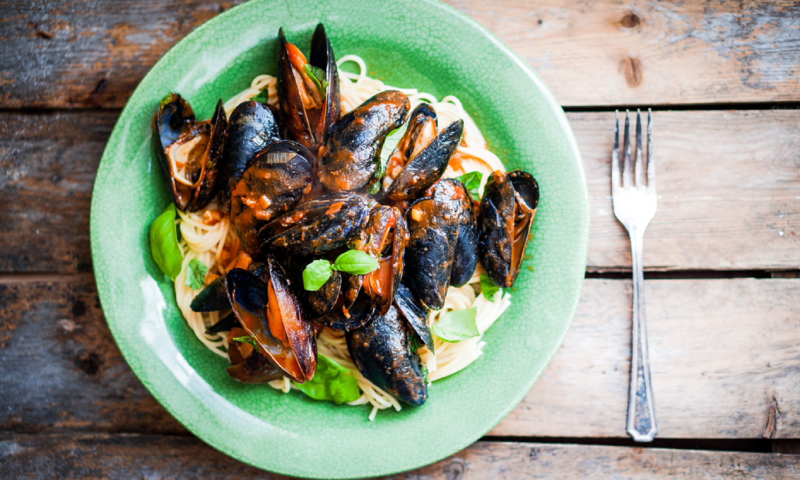 Pasta with mussels and basil (Shutterstock: see credit below)