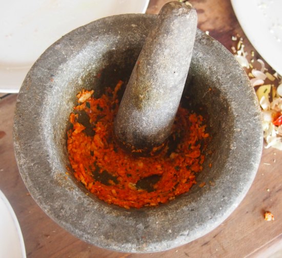 Making Khmer curry paste. Cambodian Cooking Class in Battambang.