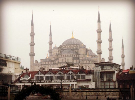 Blue Mosque in snow from roof terrace of Armada Hotel