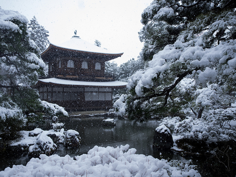 Feb 2014 Beautiful photo of Ginkaku-ji temple with falling snow on pond (photo:  Norihiro Kataoka/flickr)