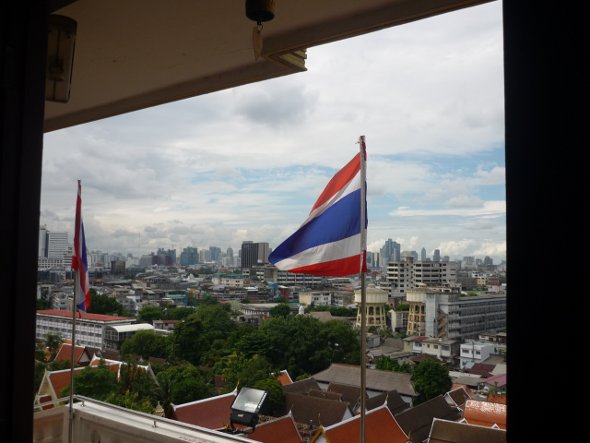 Looking out of an open window at the Golden Mount, Bangkok