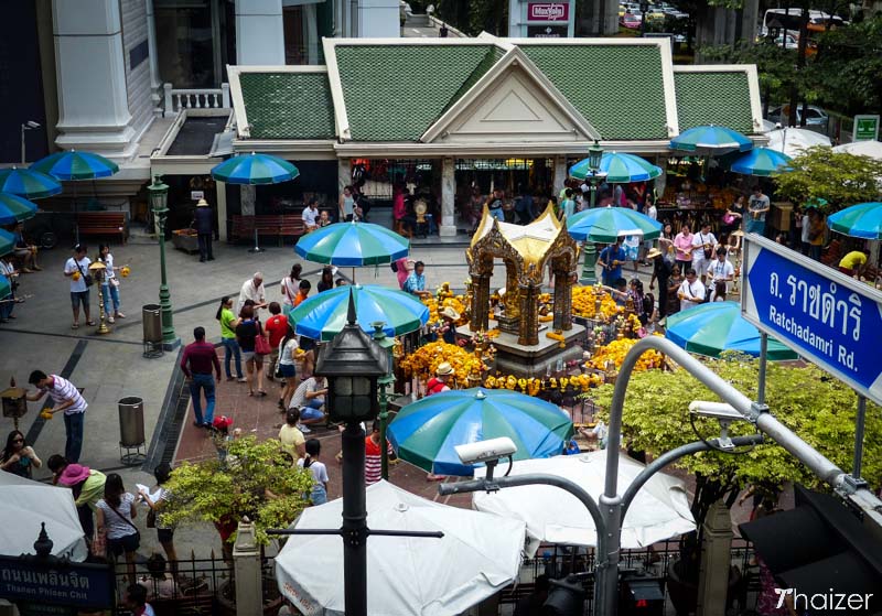 aerial view of the Erawan Shrine at Ratchaprasong Intersection, Bangkok