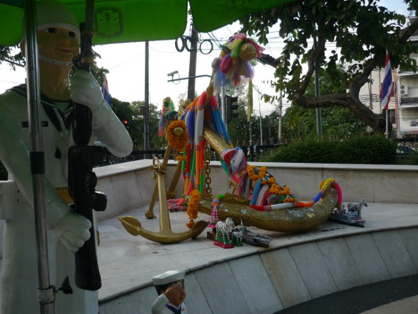 Anchors, garlands and mini-marines at Sadej Tia shrine in Bangkok