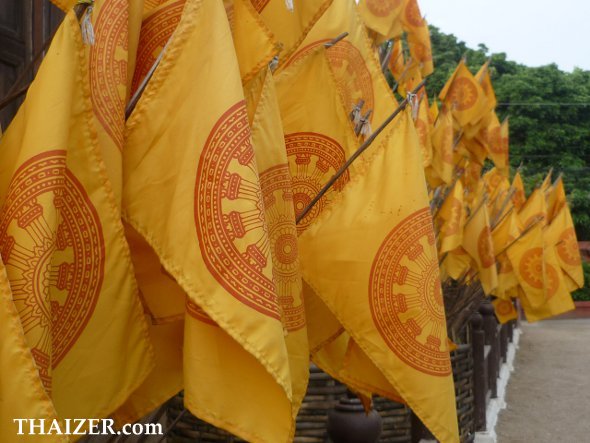 Buddhist flags at Wat Pan Tao teak temple in Chiang Mai