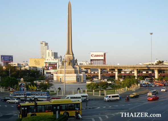 Victory Monument in Bangkok with the Skytrain shown in the background