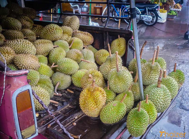 Durians for sale at street market in Thailand
