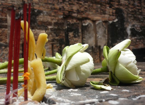 Lotus flowers, candles and incense at a temple in Sukhothai, Thailand