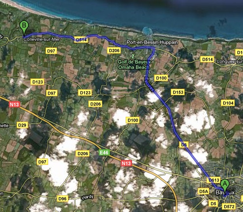 map bayeux to ww2 cemetery omaha beach