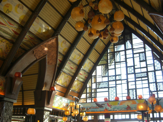 When you enter the lobby of Aulani, look up so you don't miss the traditional kapa bark cloths made by local artisans or the 200 ft long mural by artist  Martin Charlot.