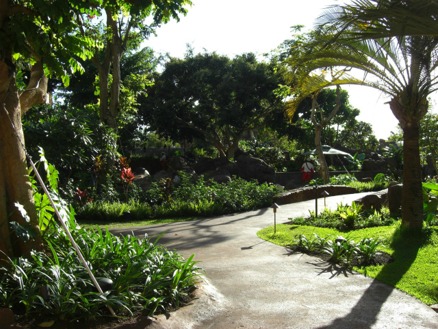 The grounds are laid out to resemble a traditonal Hawaiian ahapuaa, a slice of land from the mountains to the ocean. This is the lush central area.