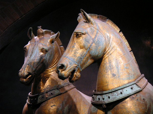 These are two of the original bronze horses that once adorned the front of the Basilica - replicas overlook the piazza now, and the original four horses are inside the museum.