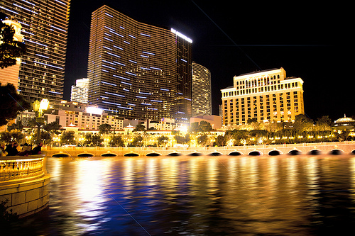 Looking across Bellagio's lake at The Cosmopolitan