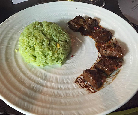 Wagyu beef tenderloin, mildly spiced green pepper sauce, ginger-scallion fried rice