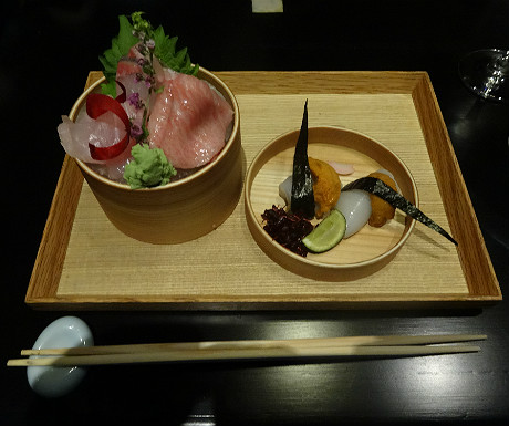 Mikuni red snapper yellowtail tuna belly and cuttlefish with sea urchin