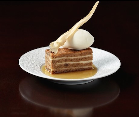 Parsnip and maple syrup cake, clotted cream ice cream