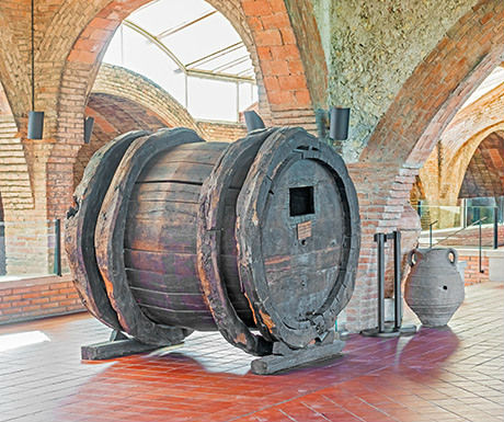 Wine barrel from seventeenth century in the entrance hall in Codorniu winery