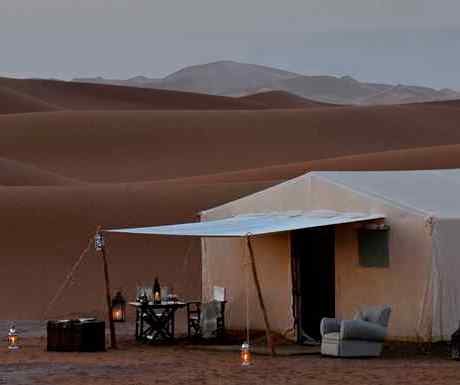 Luxury camp tent at Erg Chigaga by dawn