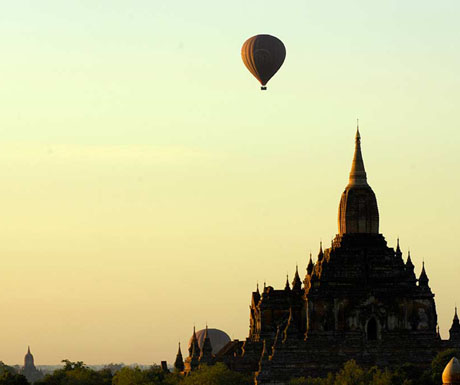 Bagan - hot air balloon over temple