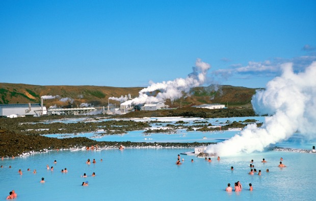 Tourists bathe in the Blue Lagoon geothermal spa in Grindavik, Iceland.