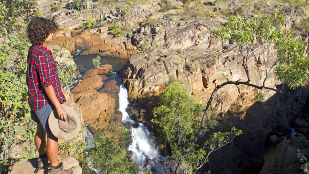 A hiker above the Crystal Falls on the Northern Territory's Jatbula Trail.