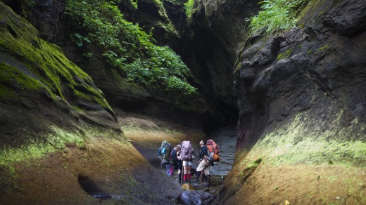 A narrow surge channel canyon on the trail.