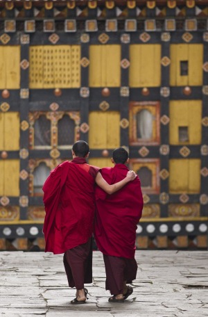 Young monks in the courtyard of their monastry between prayer sessions and classes.