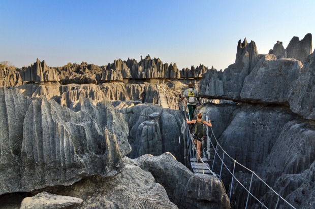 The narrow hanging bridge, suspended 200 metres above the ground in Tsingy de Bemaraha National Park, Madagascar.