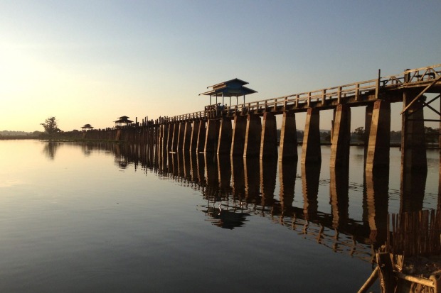 The U Bein Bridge in Myanmar stretches almost 200 metres across Taungthaman Lake outside Mandalay.