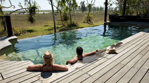 The pool and deck overlooking the floodplain at Bamurru Plains.