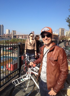 Barry Divola with bike on the Brooklyn Promenade.