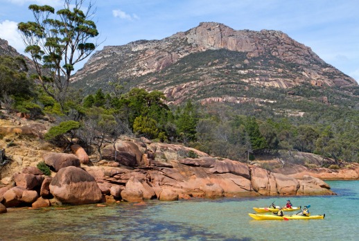 Freycinet Peninsula, Tasmania: Kayaking along the foot of the Hazards on Freycinet Peninsula.