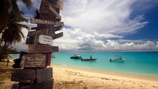 Ships sheltered in the safe anchorage at Direction Island, Cocos Keeling