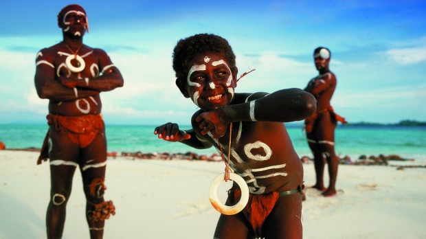Traditional dancers with shell money at Vella Lavella Island, Western Province.