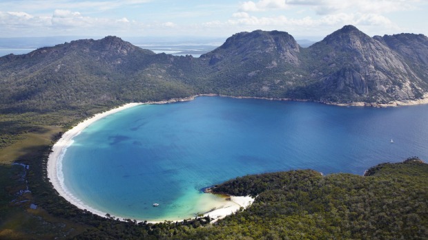 Aerial of Wineglass Bay and The Hazards, Freycinet National Park, Tasmania.