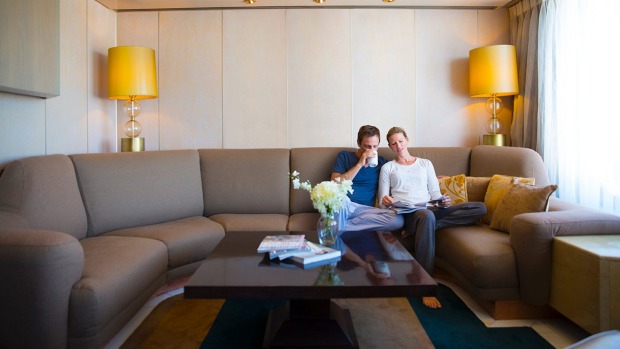 The living room of a penthouse suite on Pacific Aria and Pacific Eden.