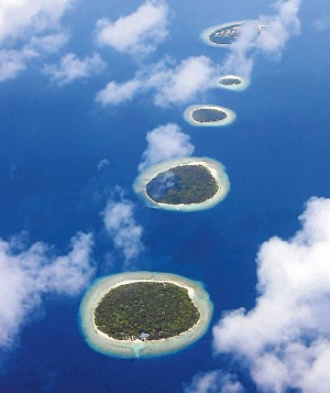 Aerial view of the Maldives atolls.