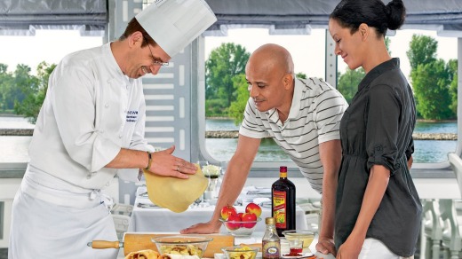 Cooking demonstration on board a Uniworld cruise in Austria.