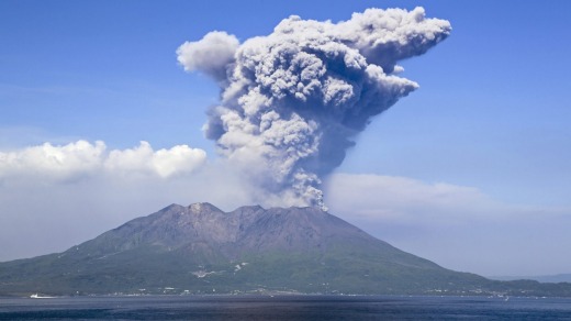 Sakurajima volcano viewed from the deck of Ponant cruise ship Austral.