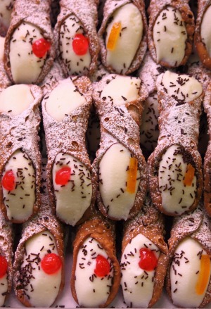 Sicilian cannoli filled with ricotta and chocolate chips.