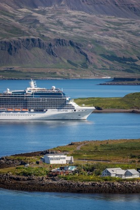 Cruise ship sails into Reykjavik Harbor, Iceland.