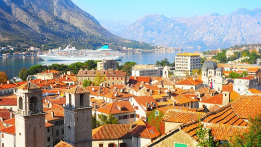 A cruise ship in the bay near the Old Town of Kotor in Montenegro.