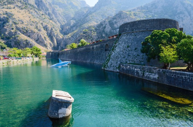 The walls of the Old City of Kotor near Tower Campana, Montenegro.