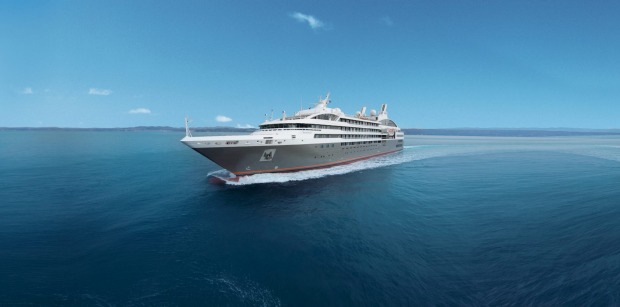 L'Austral at sea. The grey hull makes a change from all-white cruise ships.