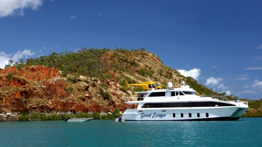 The Great Escape cruise boat and helicopter in the Buccaneer Archipelago, north of Broome.