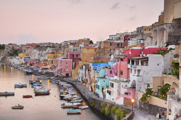 Sunrise over La Corricella, Naples, Italy.