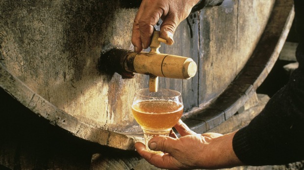 Traditional cider, straight from the barrel, in Calvados, France.