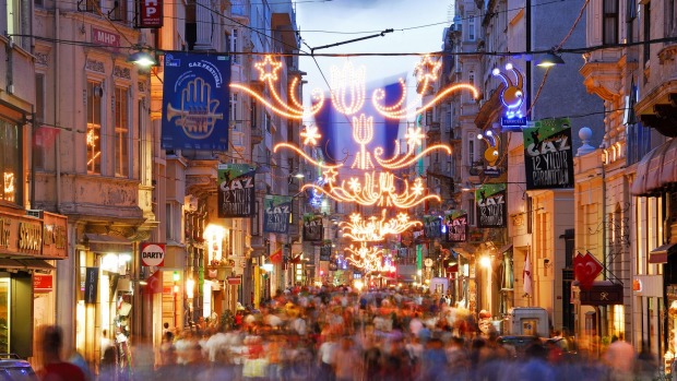 An evening view along the shopping thoroughfare of Istiklal Caddesi in the Beyoglu district of the city.