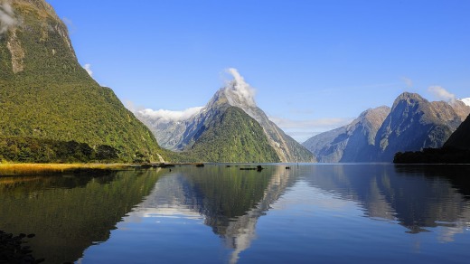 Mitre Peak reflected in the calm waters of Milford Sound.