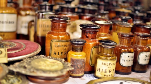 Antique pharmacy bottles.